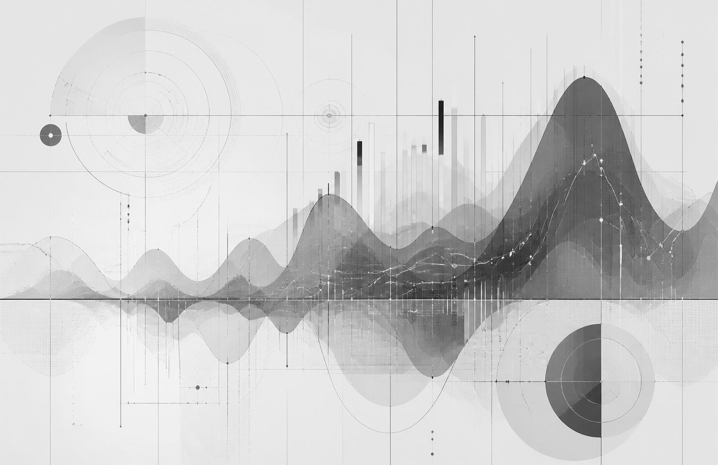 Abstract grayscale visualisation of layered analytics charts and grid lines