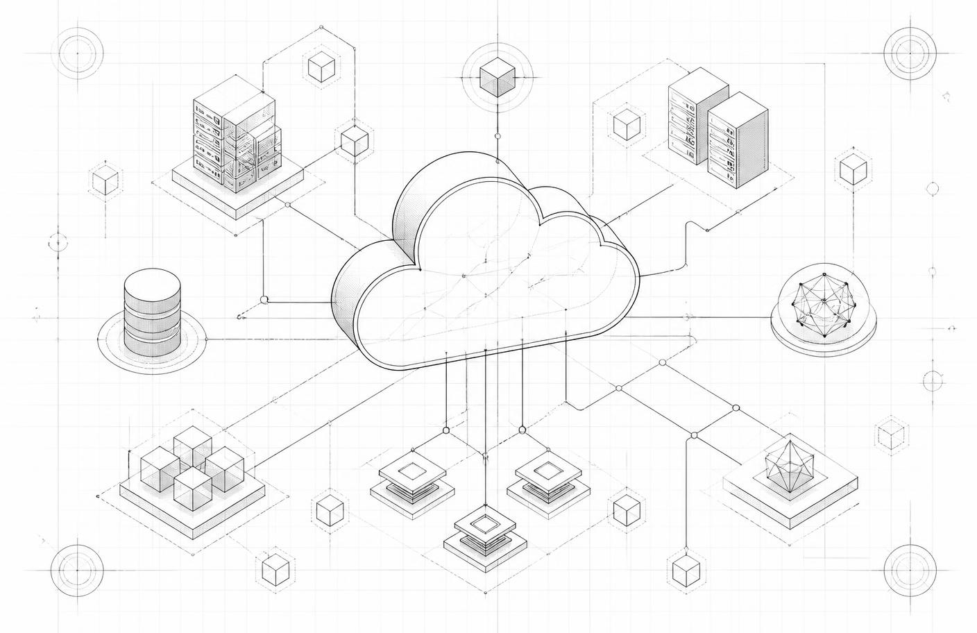 Technical line drawing of a cloud architecture with servers, databases and connections