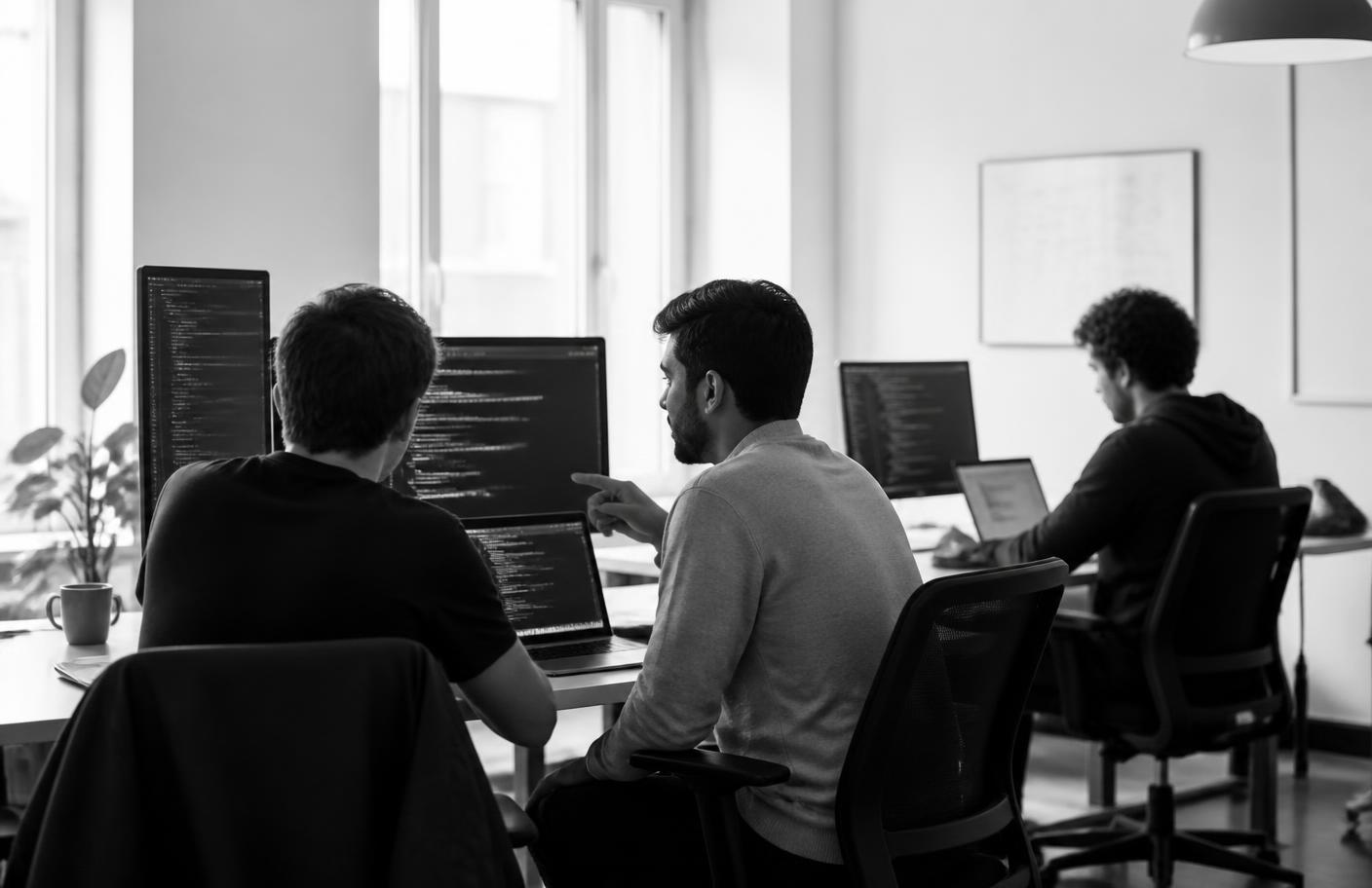 Software engineers reviewing code together on monitors in a bright office